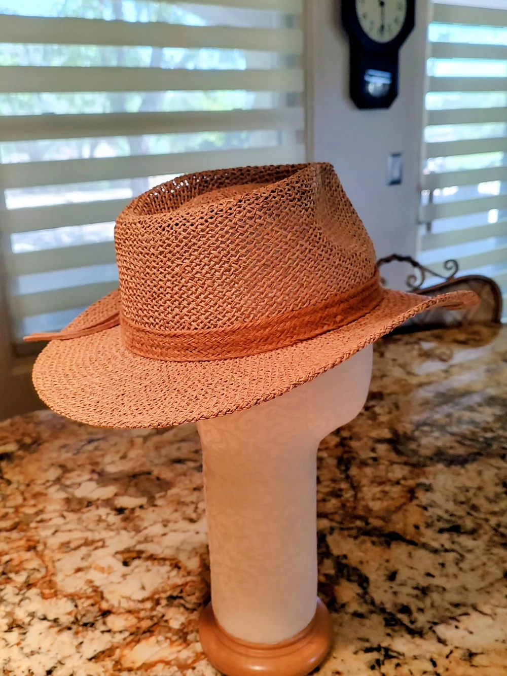 Men's Woven Straw Fedora Hat in Tan with Leather Trim